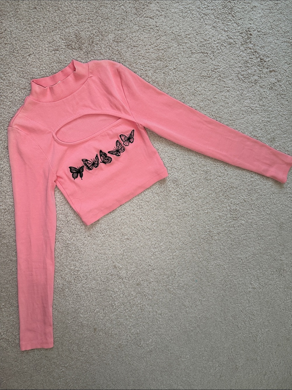 UO Pink Long Sleeve Crop Top with Butterfly Embroidery